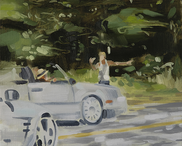 Depicted is an oil painting by Jerrin Wagstaff titled "Biebs Directing Traffic in the Hamptons", 2019