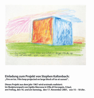 Invitation for a performance of a video projected on large block of ice by Stephen Kaltenbach