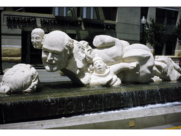 A photograph of a commissioned fountain, A TIME TO CAST AWAY STONES, in Sacramento by Stephen Kaltenbach