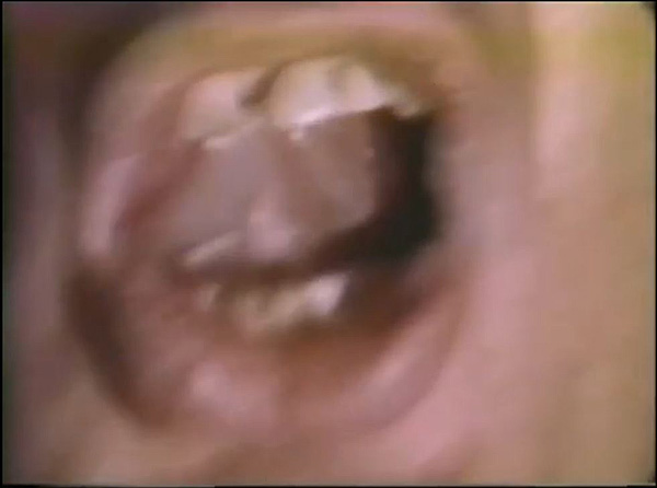 Screen shot from Vito Acconci's movie Open Book from 1974