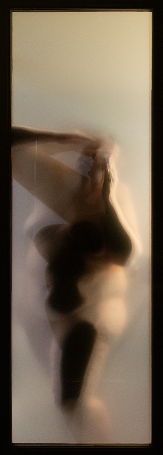 Photograph of a nude woman behind a paper screen in a hotel room by Kristine Schomaker