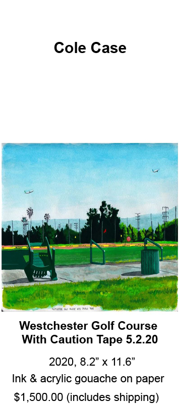 Image is of an ink & acrylic gouache on paper painting by Cole Case entitled, Westchester Golf Course With Caution Tape 5.2.20 from 2020
