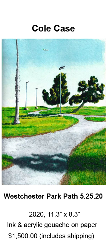Image is of an ink & acrylic gouache on paper painting by Cole Case entitled, Westchester Park Path 5.25.20 from 2020