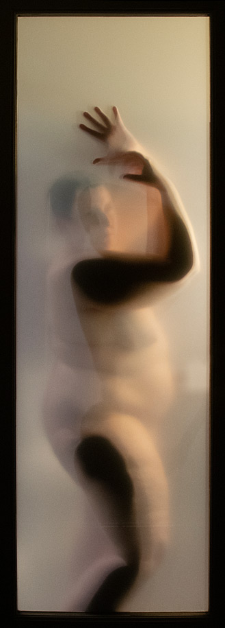 Photograph of a nude woman behind a paper screen in a hotel room by Kristine Schomaker