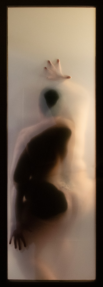 Photograph of a nude woman behind a paper screen in a hotel room by Kristine Schomaker