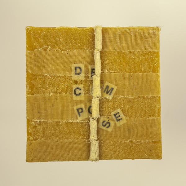 Artwork by Robin Hill that is a wooden square with beeswax, rolled cheescloth rope and letters that spell the word DECOMPOSE