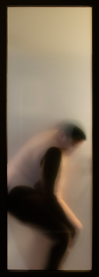 Photograph of a nude woman behind a paper screen in a hotel room by Kristine Schomaker