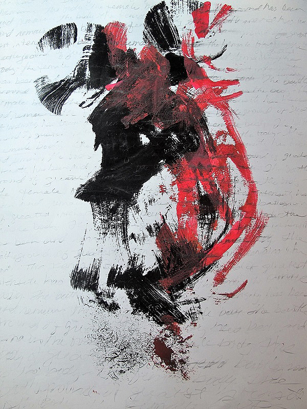 An abstract painting with red and black brushy strokes by Sally Brown
