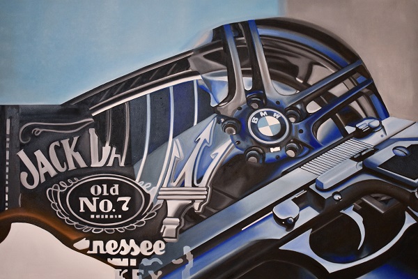 an oil painting on canvas by Kristina Bajilo that features company logos for BMW and Jack Daniels and a gun