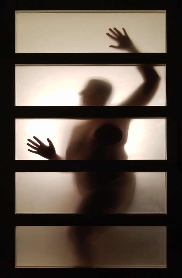 Photograph of a nude woman behind a paper screen in a hotel room by Kristine Schomaker