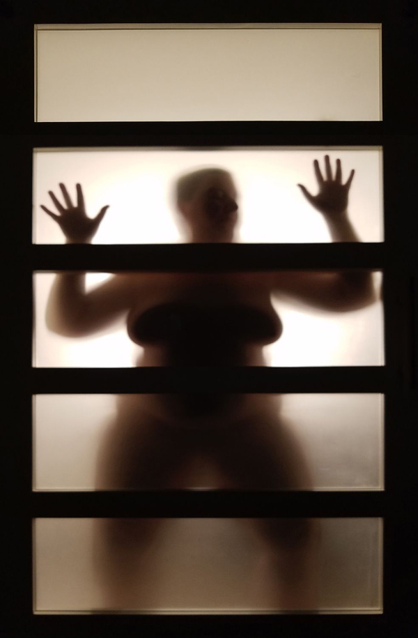 Photograph of a nude woman behind a paper screen in a hotel room by Kristine Schomaker