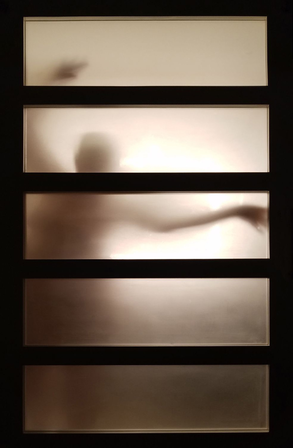 Photograph of a nude woman behind a paper screen in a hotel room by Kristine Schomaker