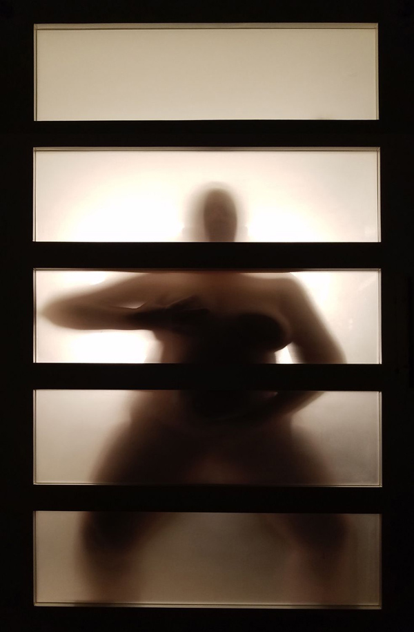 Photograph of a nude woman behind a paper screen in a hotel room by Kristine Schomaker