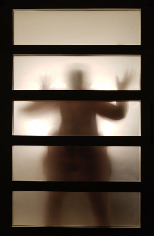 Photograph of a nude woman behind a paper screen in a hotel room by Kristine Schomaker