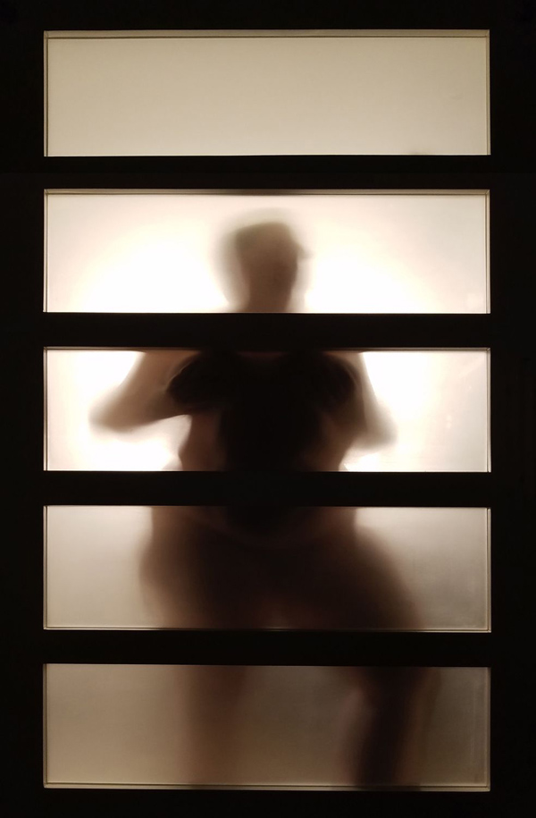 Photograph of a nude woman behind a paper screen in a hotel room by Kristine Schomaker