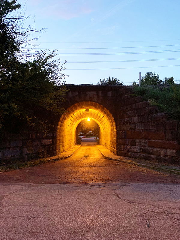 This is an image of a photograph by Vincent Johnson showing the entrance to a lighted tunnel at dusk