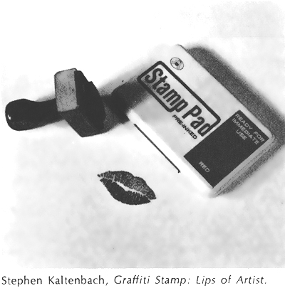 Picture of Stephen Kaltenbach's Lips rubber stamp from the November 1970 issue of Artforum magazine