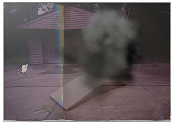 This is a picture of a dust cloud over a wooden construction of the peak of a roof on the ground in front of a garage by Richard Haley