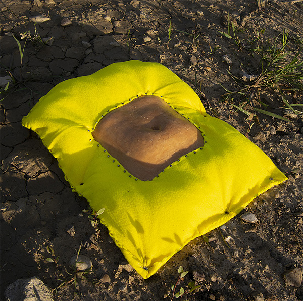 This is a picture of a fake hairy stomache with a navel poking through a hole in a yellow life jacket in grass by Richard Haley